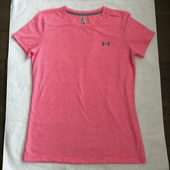 Under Armour Heat Gear Activewear Short Slv Crew Neck Stripe Top Pink Wht Sz XS - Picture 8 of 8